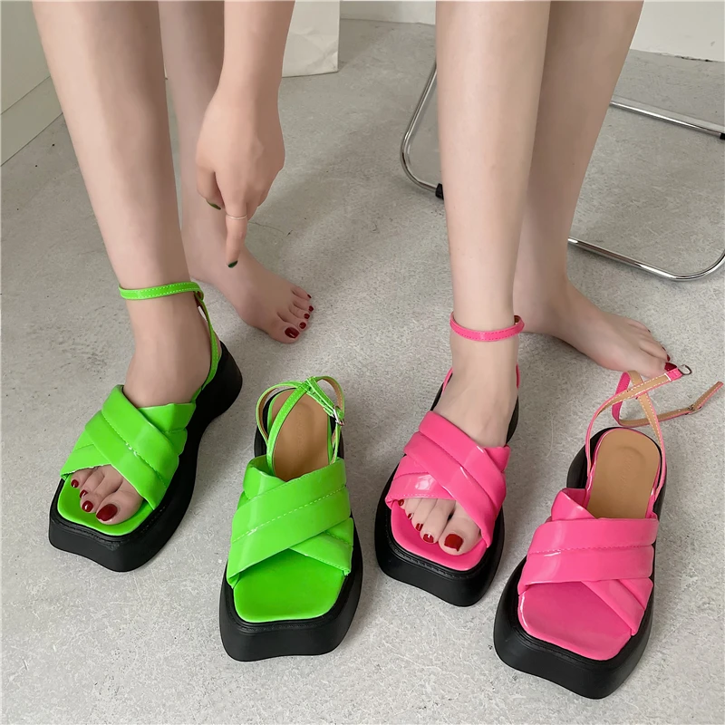 

Women's Sandals Platform Buckle Outdoor Party Soft Sole Sexy Open Toe Mules Fashion Beach 2022 Summer New Green Roman Sandalias