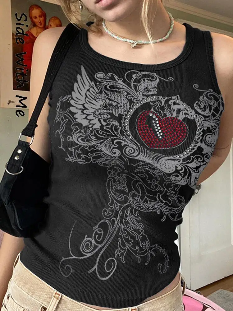 

Side with Me Gothic Printed Diamonds Cropped Corset Women's Tank Top 2022 Summer Sleeveless Casual Party Club Women Tops