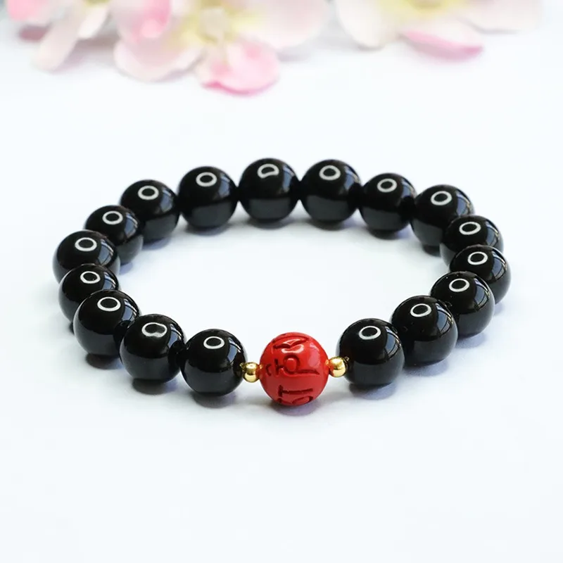 

Natural Black Agate Bracelet Bangle Red Cinnabar Buddhist Sutra Bead Fashion Jewelry Accessory Charm Amulet Gift for Women Men