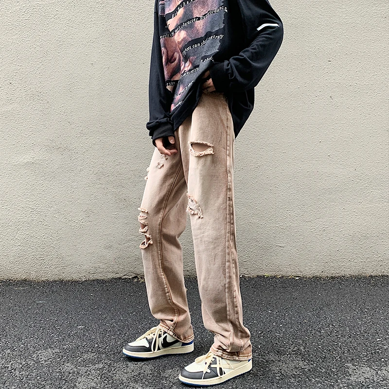 CAAYU 2022 New Baggy Jeans Mens Fashion Harajuku Loose Japanese Streetwear Straight Wide Leg Pants Male Clothing Brown Pants Men