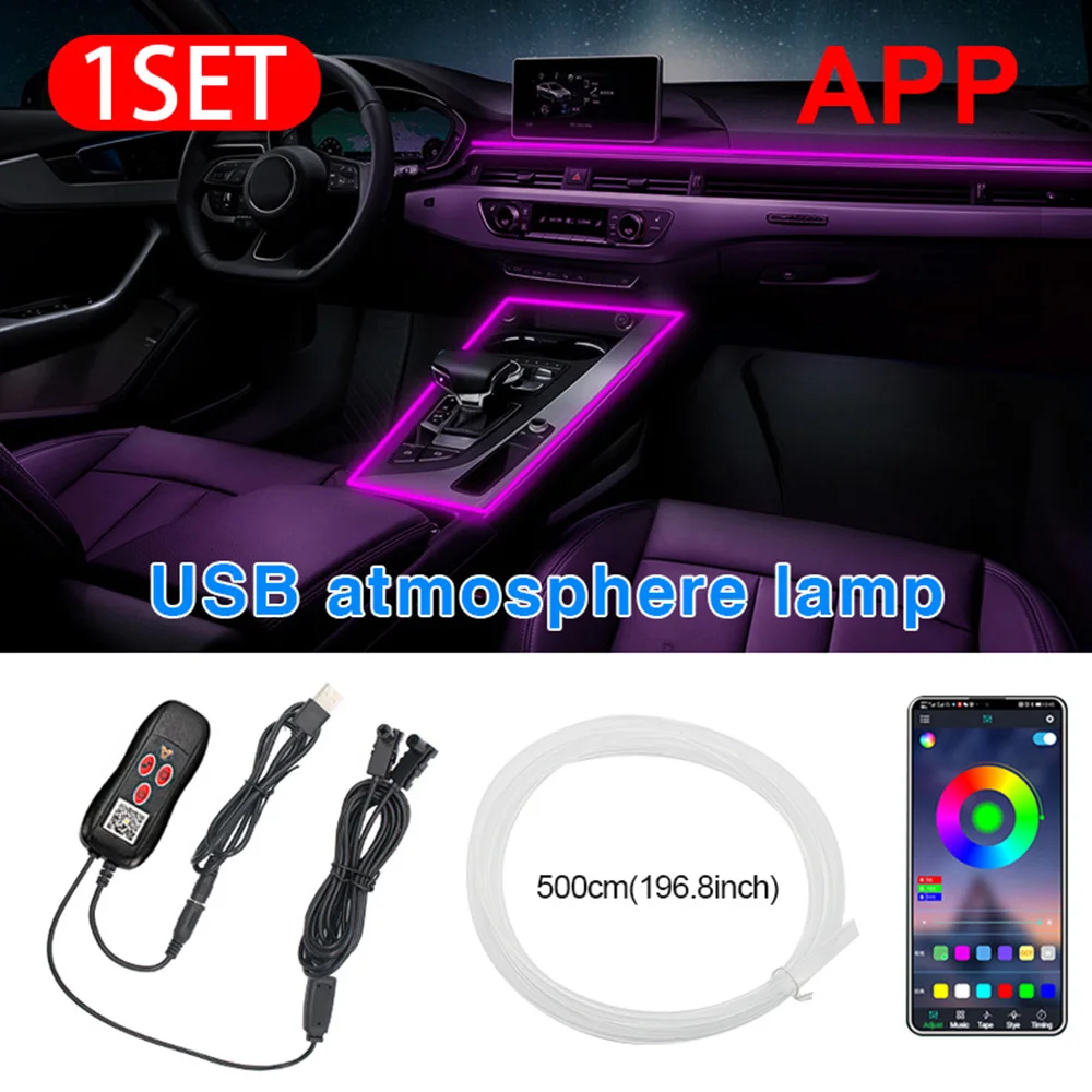 

USB Car Interior Light RGB Decorative Lights Led 64 Colors Optical Fiber Strips APP Sound Control Ambient Lamp Car Neon Lights