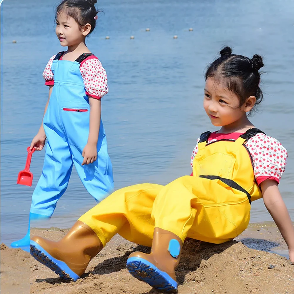 Pantaloni da trampoliere impermeabili per bambini con stivali da pioggia che giocano a sabbia sport acquatici giardino spiaggia pesca caccia tuta pantaloni da trampoliere