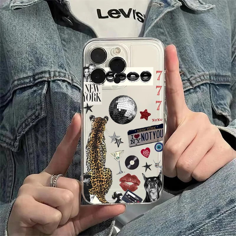 Trendy Disco Ball Leopard Phone Case for IPhone 16 15 14 13 12 11 Mini Pro Max X XR XSMax 7 8 Plus Transparent Soft TPU Cover