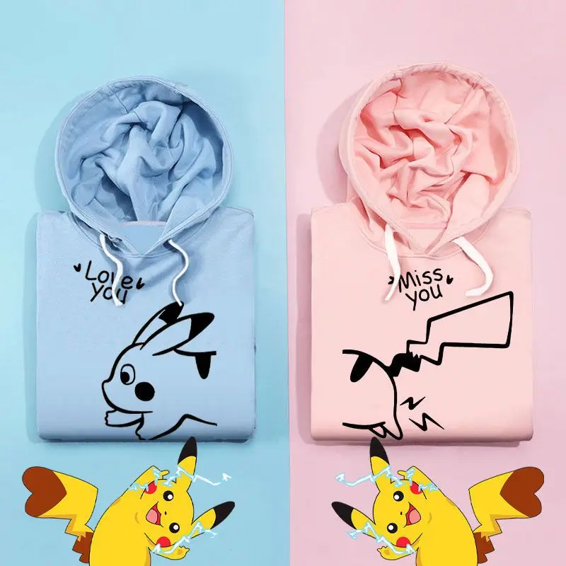 

New anime Pokemon Pikachu autumn/winter lovers hoodie men and women with hats long cover Kawaii printed Valentine's Day gift