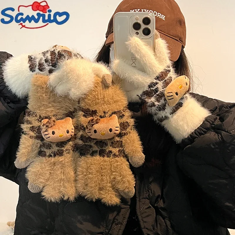 Зима 2024 новинка Hello Kitty теплые и холодные велосипедные перчатки с леопардовым