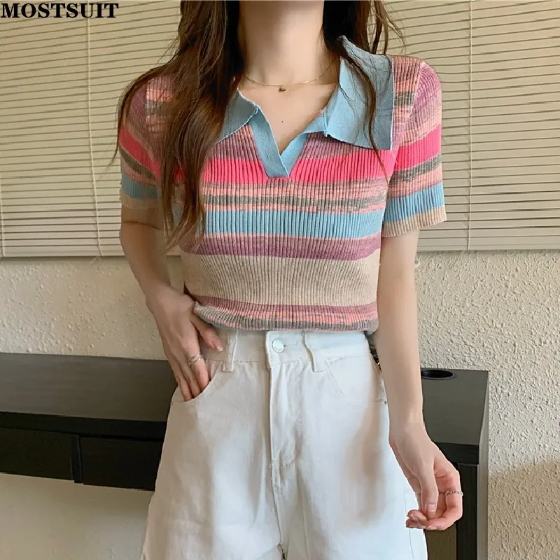 

2022 Summer Rainbow Striped Thin Knit Pullovers Crop Tops Women Streetwear Fashion Slim Knitted T-shirts Knitwear