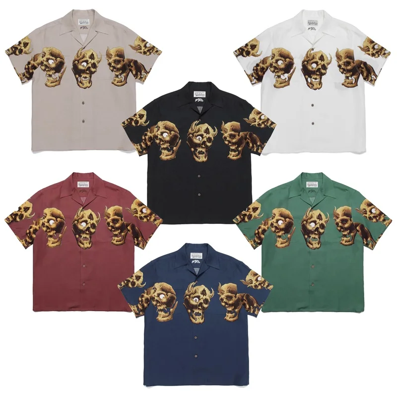 

23ss WACKO MARIA Tattoos Ghosts Skeletons Print Short Shirt Summer Men Women 1:1 High Quality Hawaii Beach Casual Shirt