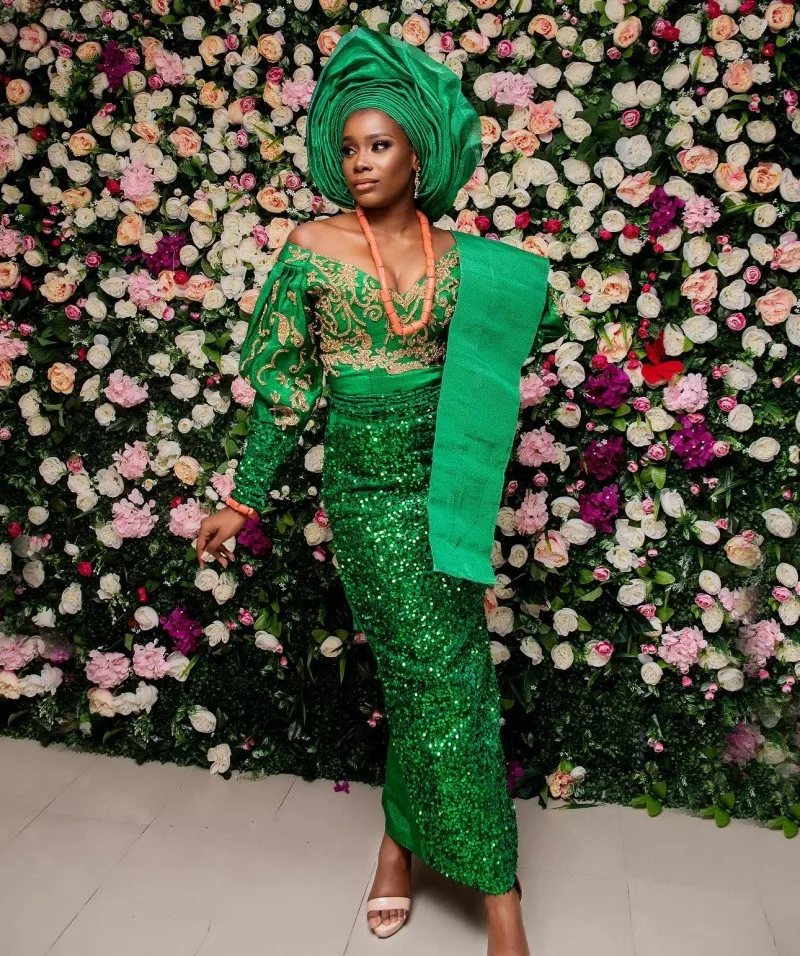 

Owambe Style Green Evening Dresses Sequin Applique Aso Ebi Mermaid Prom Gowns African Women Wedding Guest Dresses Long Sleeves