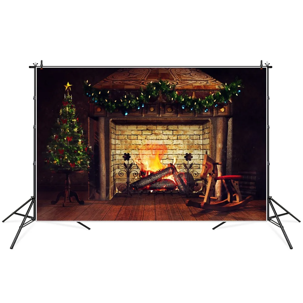 

Фон для фотосъемки с изображением рождественской елки камина гарленда лошади