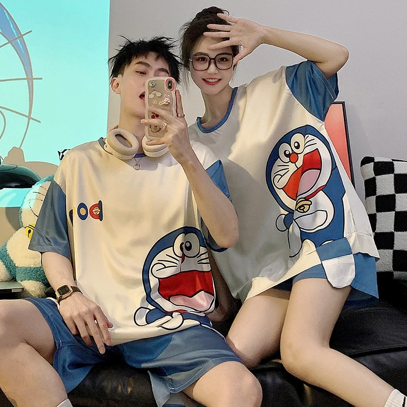 

2PCS Summer Lovers Pajama Sets Women Men Korean Cartoon Doraemon Pattern Pijama Mujer Sleepwear Boys Girls Silk Cloth Pyjama