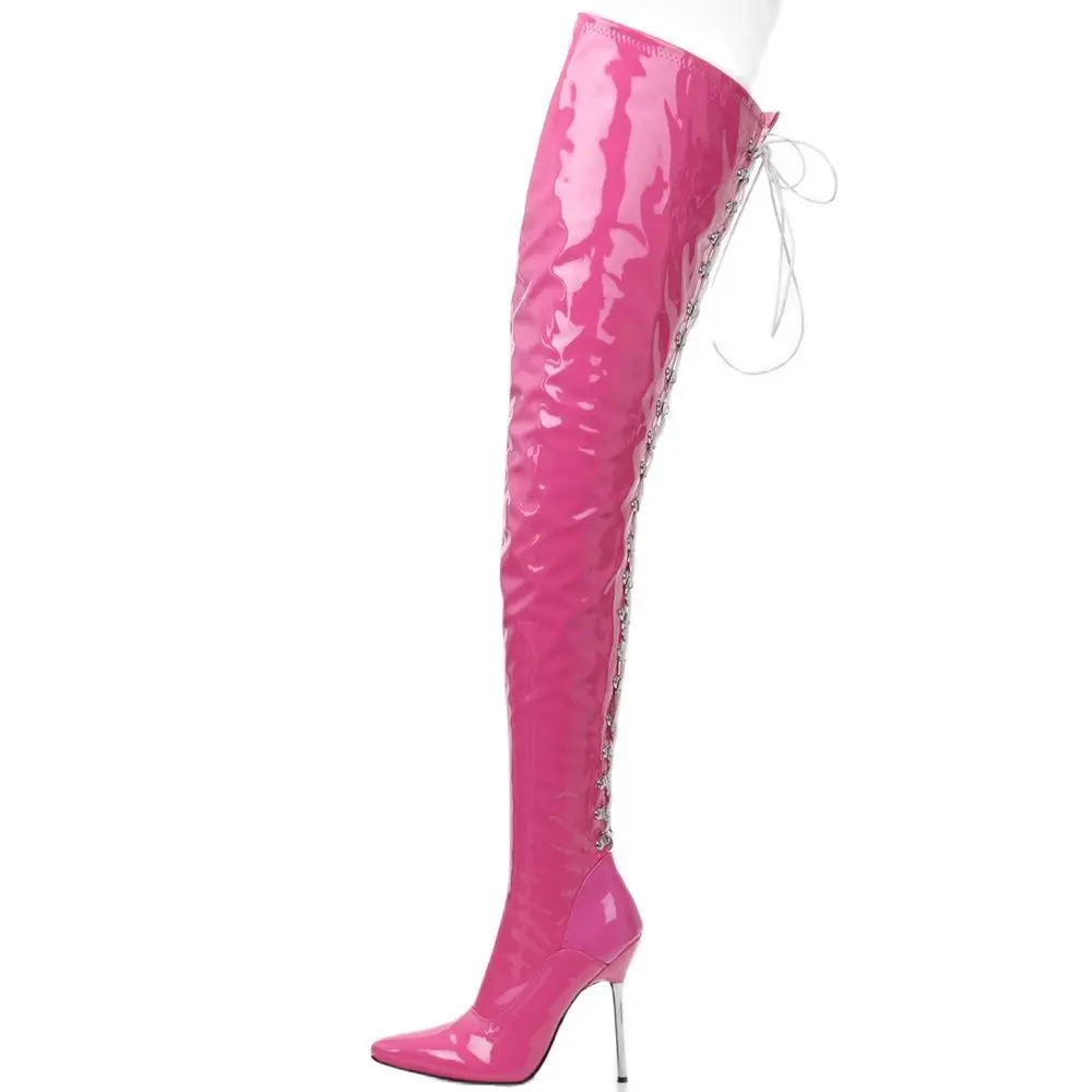 Women Over the Knee Boots 12CM High Heel Pointed toe Metal Thin Heels Zip Sexy Cross-tied Thigh Long Boots