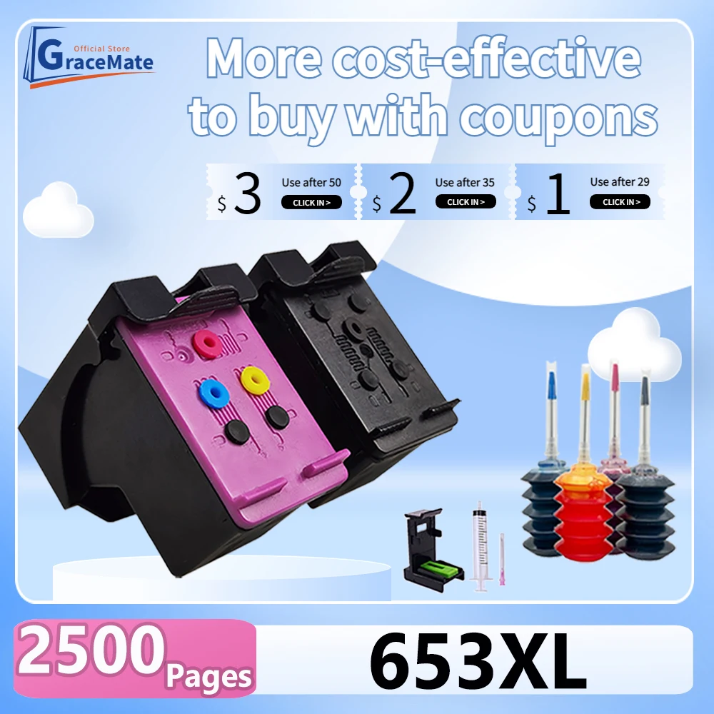 

653XL 6075 6475 Ink Refillable Cartridge Remanufactured HP 653 653XL HP653 Ink Cartridge Replacement for Hp Deskjet 6075 6475