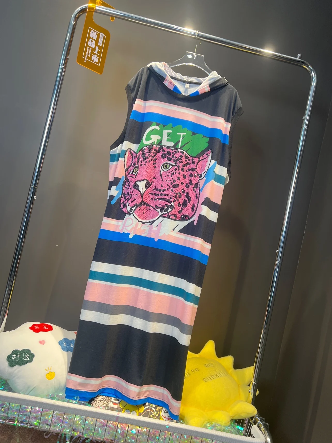 

2022 New Summer Fashion Ultra Long Sleeveless Tank Dress for Women Hot Drill Cartoon Striped Loose Waist Trendy Hooded Dresses