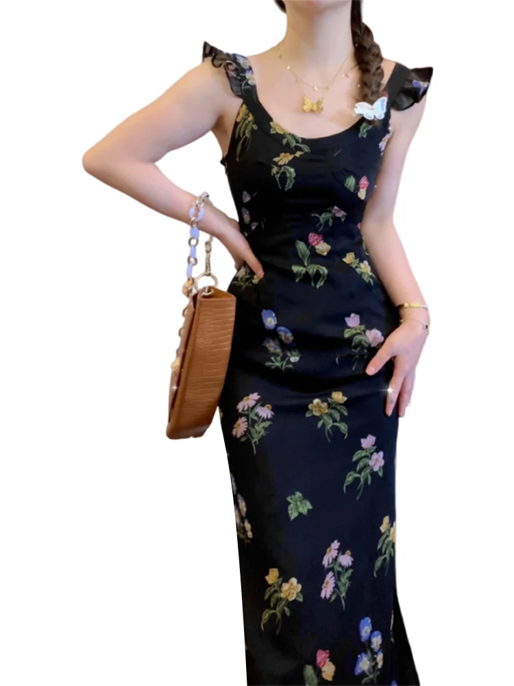 Женское платье с цветочным принтом маленькое во французском стиле длинным