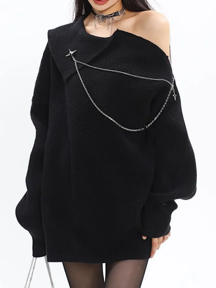 

Женский Готический Свитер оверсайз Deeptown Y2K, вязаный джемпер на молнии в стиле панк и гранж, пикантный Свободный Повседневный шикарный пуловер с открытыми плечами, топы