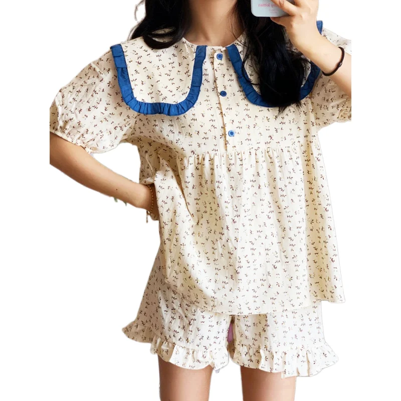 Sexy Pajamas Set Short Sleeve Shorts 2Piece/Set Summer Lace Bow Pyjama Big Size Mom Homewear Cozy Plus Sleepwear