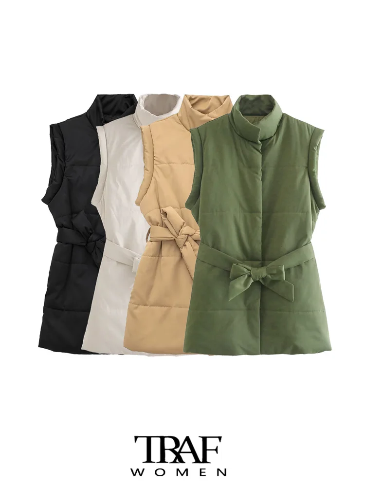 

TRAF Women Fashion With Belt Thick Warm Padded Waistcoat Vintage High Neck Front Zipper Female Outerwear Chic Vest Tops