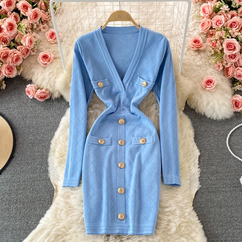 

Women Chic Elegant Sexy Long Sleeve Elastic Bodycon Dress Office Lady Korean Fashion Knit Vestidos Slim Pencil Autumn Dress Ins