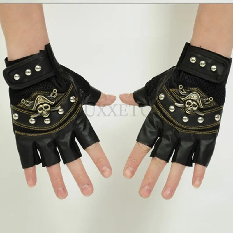 

Half Fingers Black PU Leather Pirate Skull Rivet Punk Gloves Outdoor Sports Motorcycle Army Military Tactical Cycling Gloves