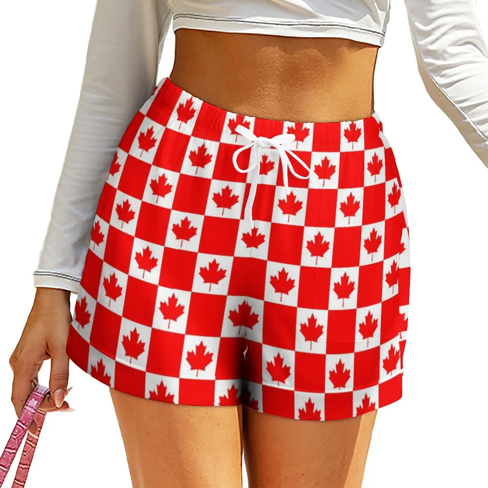 

Maple Leaf Print Shorts Red Canadian Flag Oversized Streetwear Shorts Elastic High Waist Kawaii Short Pants Woman Pocket Bottoms