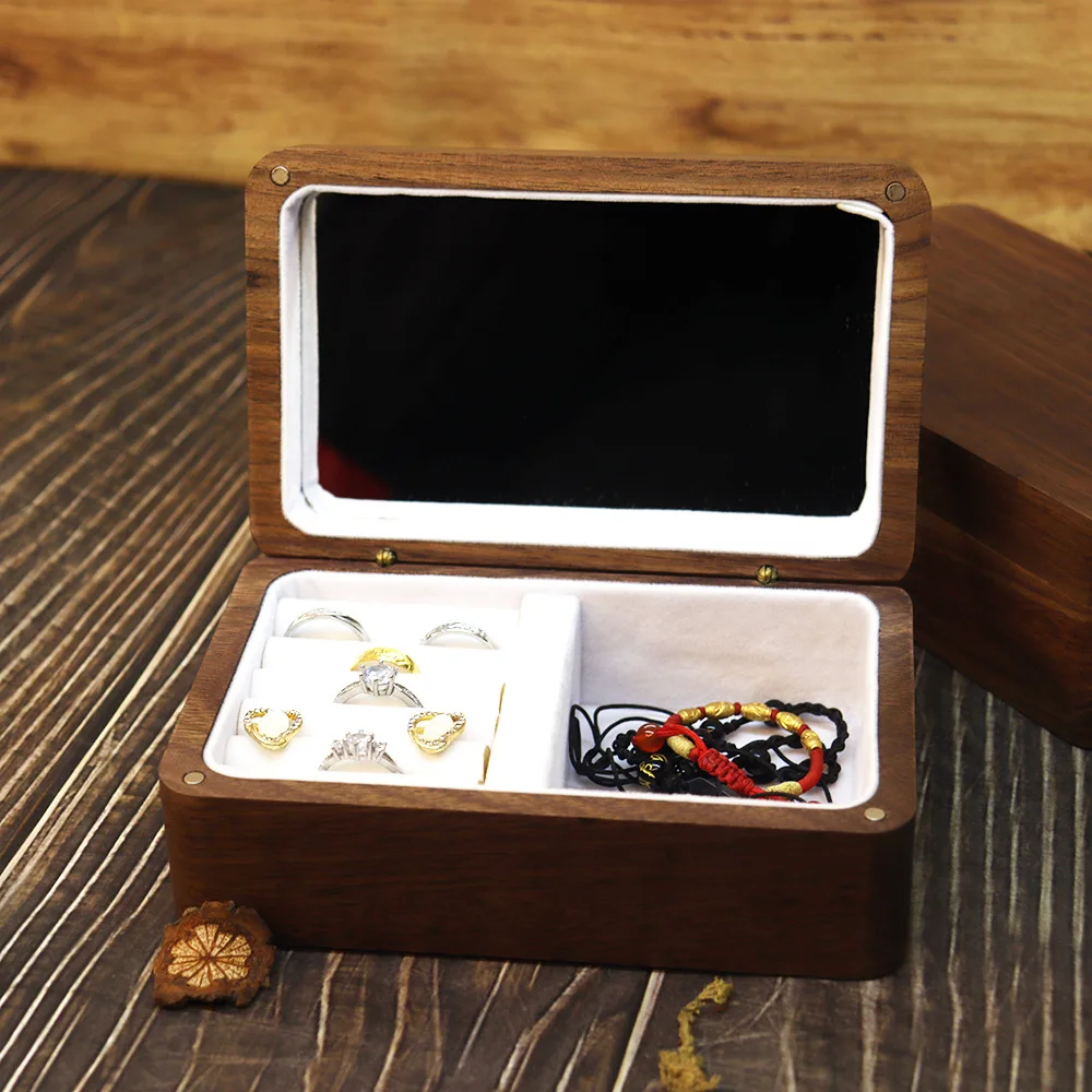 Personalized Name Date Black Walnut Wooden Jewelry Storage Ring Necklace Stud Earrings with Mirror Packaging Display Gift Box