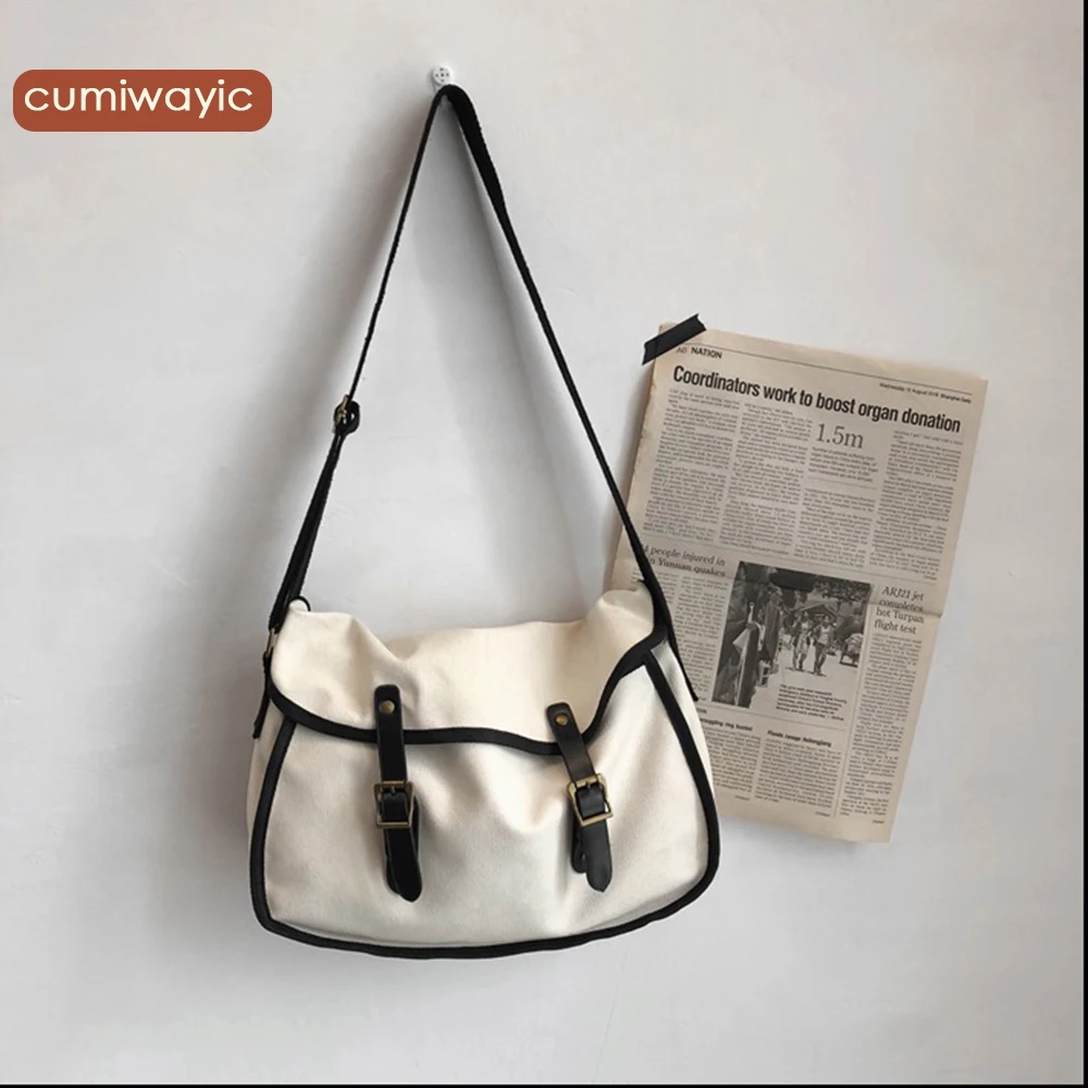 

Сумка-мессенджер cumiwayic в японском стиле Харадзюку, Холщовый портфель для студентов, вместительная ретро-сумка на ремне с двойной пряжкой