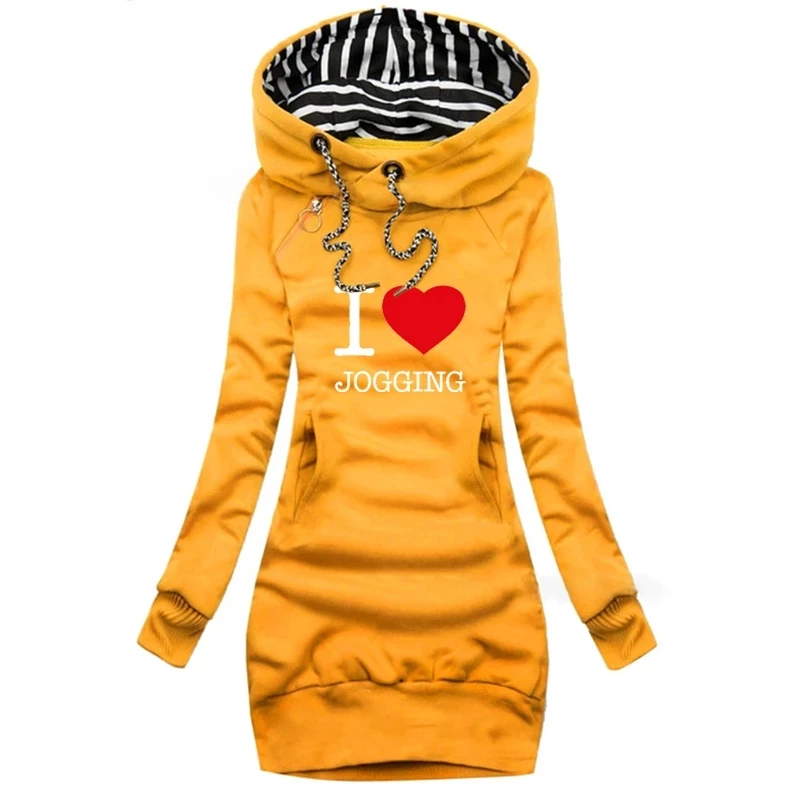 

Spring and Autumn Sexy Slim Pullover Dress Women Fashion Long Sleeve Hoodie Casual I Love Jogging Printed Stripe Hooded Dresses