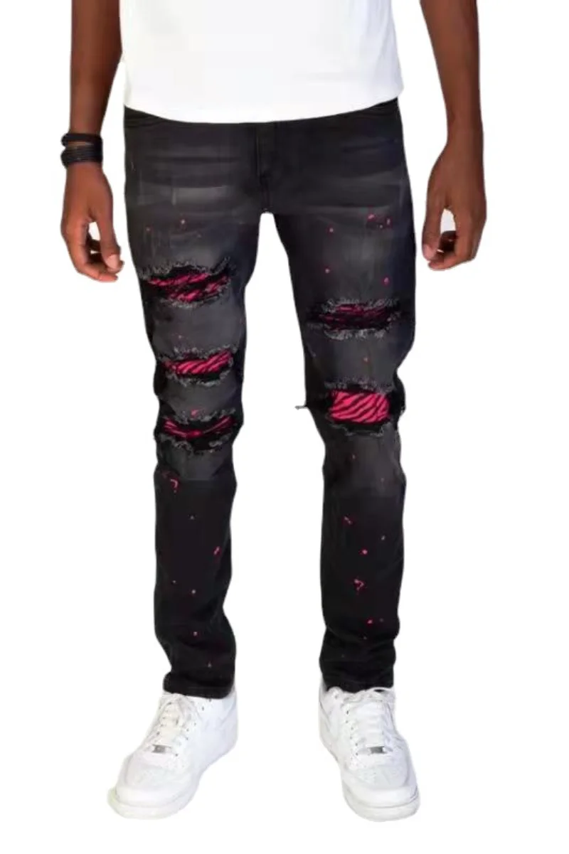 Mens Jeans Fashion Skinny Ripped Footline Zip Pants Patch Ripped Denim Pant for Men