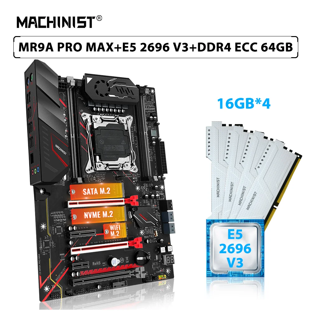 MACHINIST MR9A PRO MAX X99 Set Motherboard Kit Xeon E5 2696 V3 Processor CPU 4pcs*16GB=64GB ECC DDR4 Memory RAM LGA 2011-3 Combo