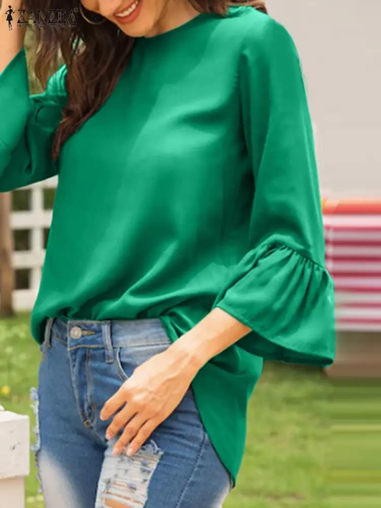

ZANZEA Summer OL Work Shirt Stylish Women 3/4 Sleeve Ruffles Blouse Casual Elegant Female Loose Party Tops Tunic Chemise Blusas