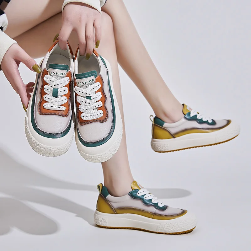 CICIYANG Women's Casual Sneakers Genuine Leather 2023 New Spring Retro Color Matching Chinese Style Ladies Flats Shoes Handmade