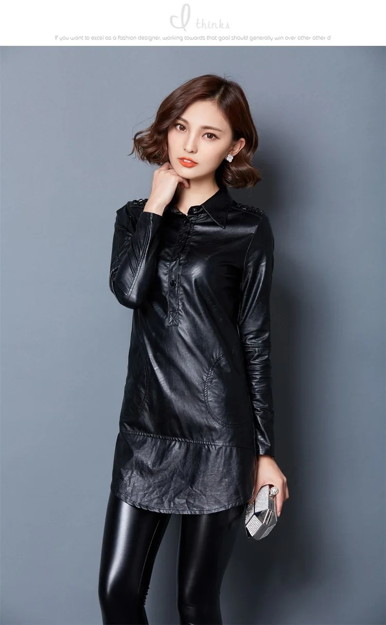 2022 Lapel Slim PU Leather Women's Long Sleeve Padded Bottoming Shirt with Velvet Skinny Lady Sexy black Leather Blouse Top