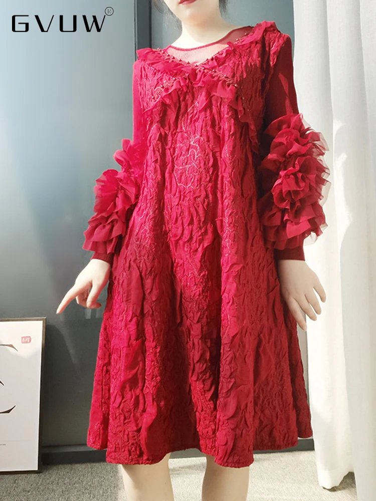 

Плиссированное Платье GVUW длиной до щиколотки, женское кружевное лоскутное платье-трапеция с трехмерными цветами, лето 2023, женская элегантная одежда 17D2004
