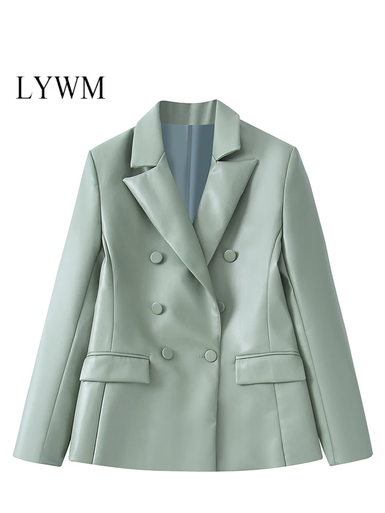 

LYWM Women Fashion Tweed Outwears PU Blazer Jacket Double Breasted Notched Neck Vintage Female Chic Outfits Mujer