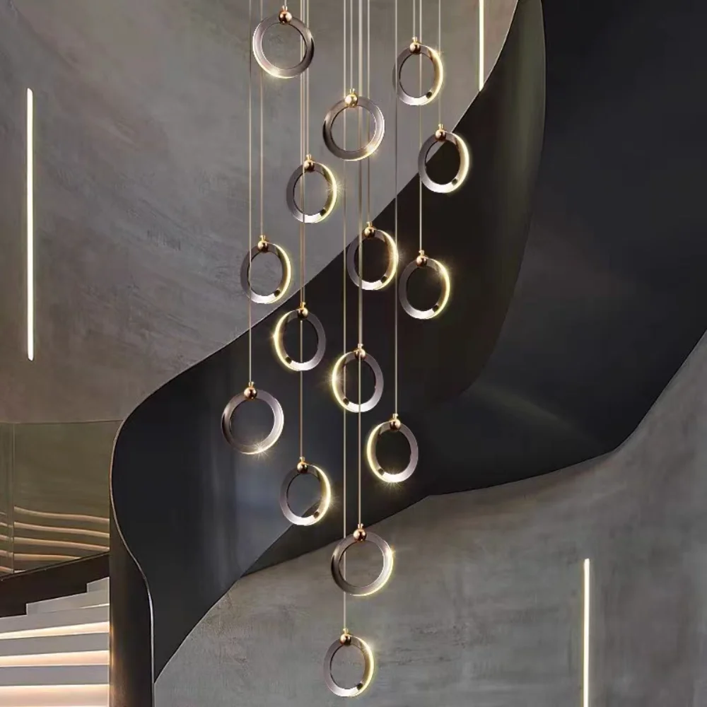 Modern Rings Aluminum LED Chandelier For Staircase Luxury Crystal Round Hanging Lamps Minimalism Indoor Attic Lighting Fixtures