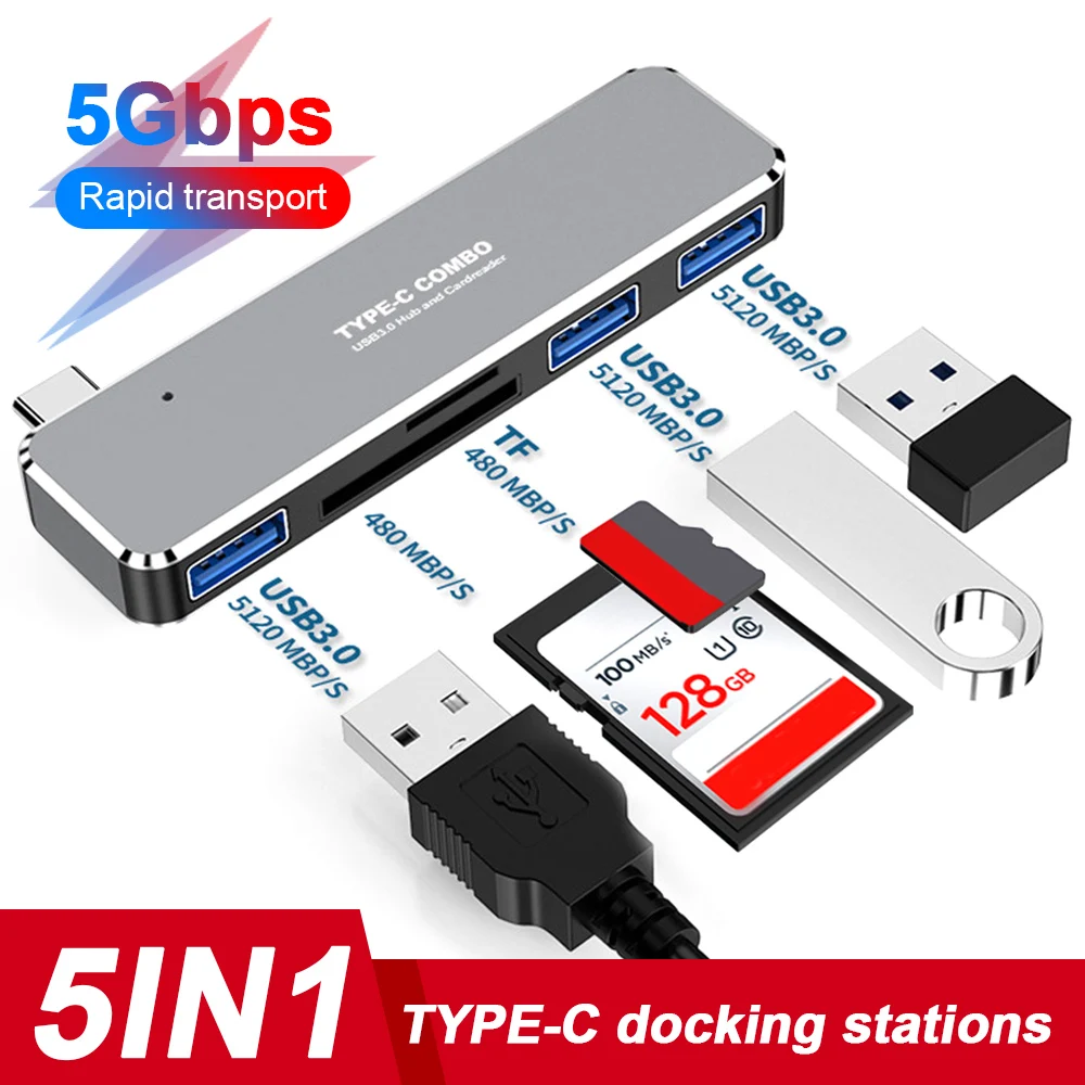 

USB-концентратор 5 в 1, разветвитель с 3 USB-портами 3,0 и кардридерами для SD/TF-карт