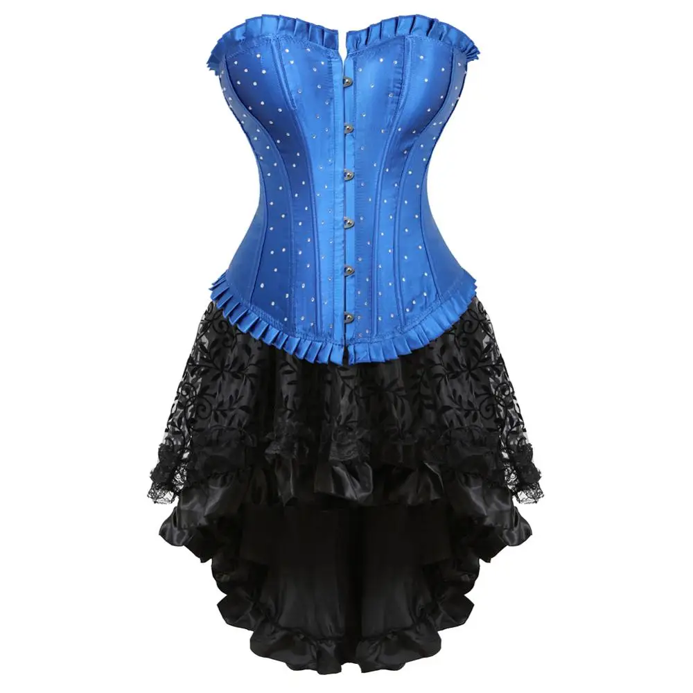 

Sexy Corsets with Skirt Steampunk Plus Size Bustier Dress Renaissance Satin Overbust Corselet Bodyshaper Costume Goth Outfit