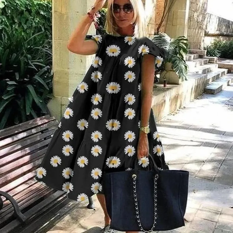

WYBLZ Large Size Summer Women Floral Print Party Dress Short Sleeve Sweet Ball Gown Dress Holiday Beach Dresses Vestido Verano