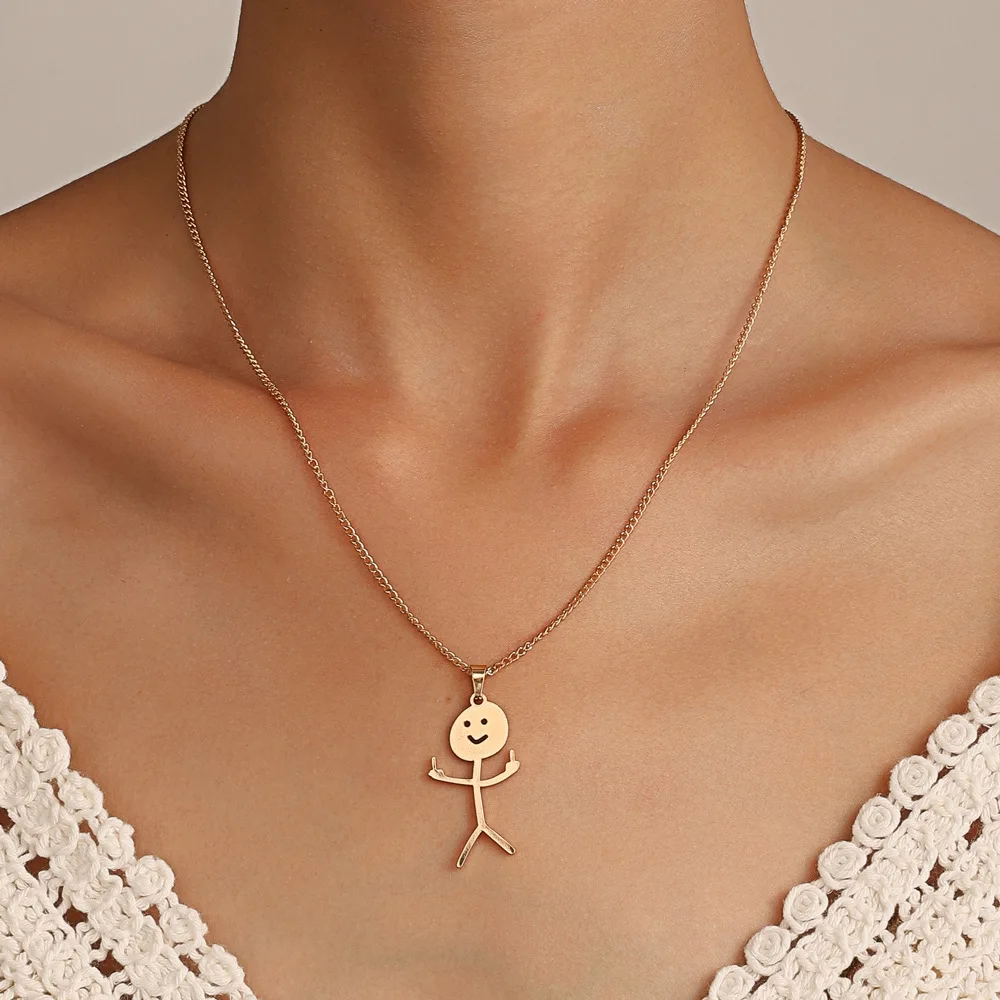 

New Funny Graffiti Stainless Steel Pendant Necklace for Women Men Chains Middle Finger Little Stickman Doodle Jewelry Collier