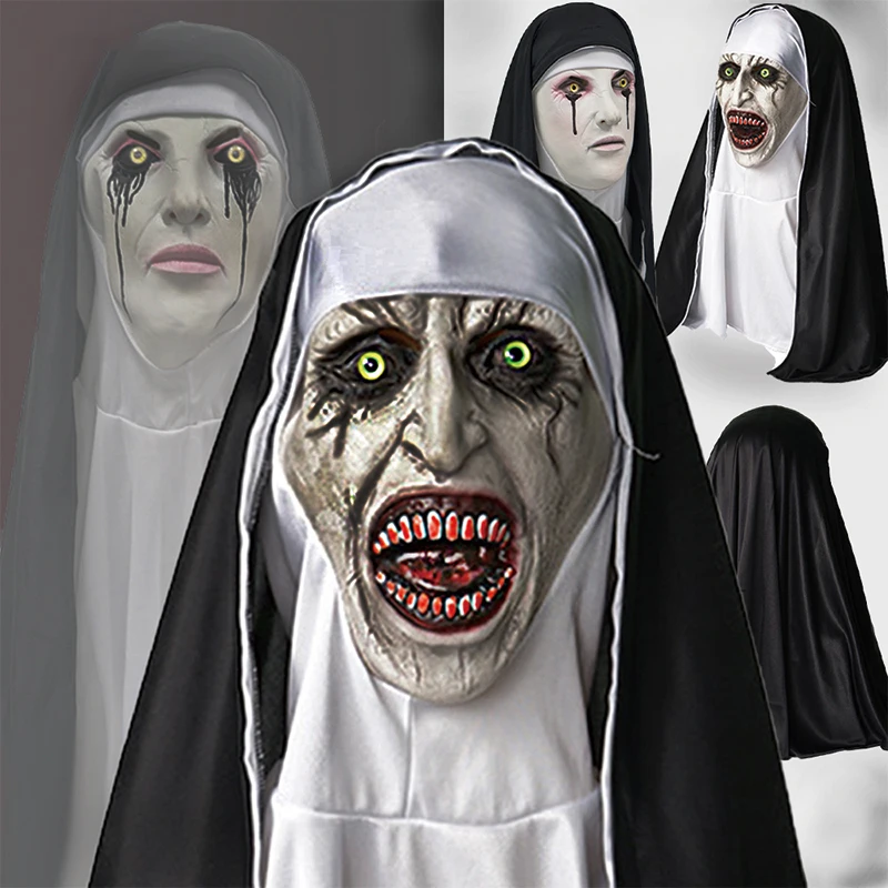 

Halloween Horror Props Nun Latex Mask Sister Headscarf Cosplay Scary Ghost Face Headgear Headpiece Carnival Party Costume Props