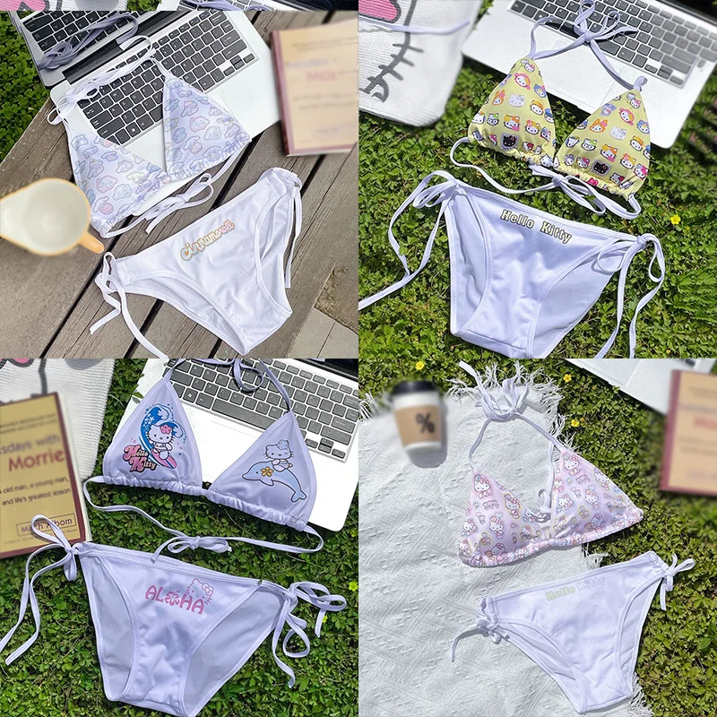 

Kawaii Sanrio Hello Kitty Swimwear Sexy Bikini Set Two Piece Triangle Hawaii Swim Suit Woman Y2k Cute Cartoon Hot Girl Beachwear