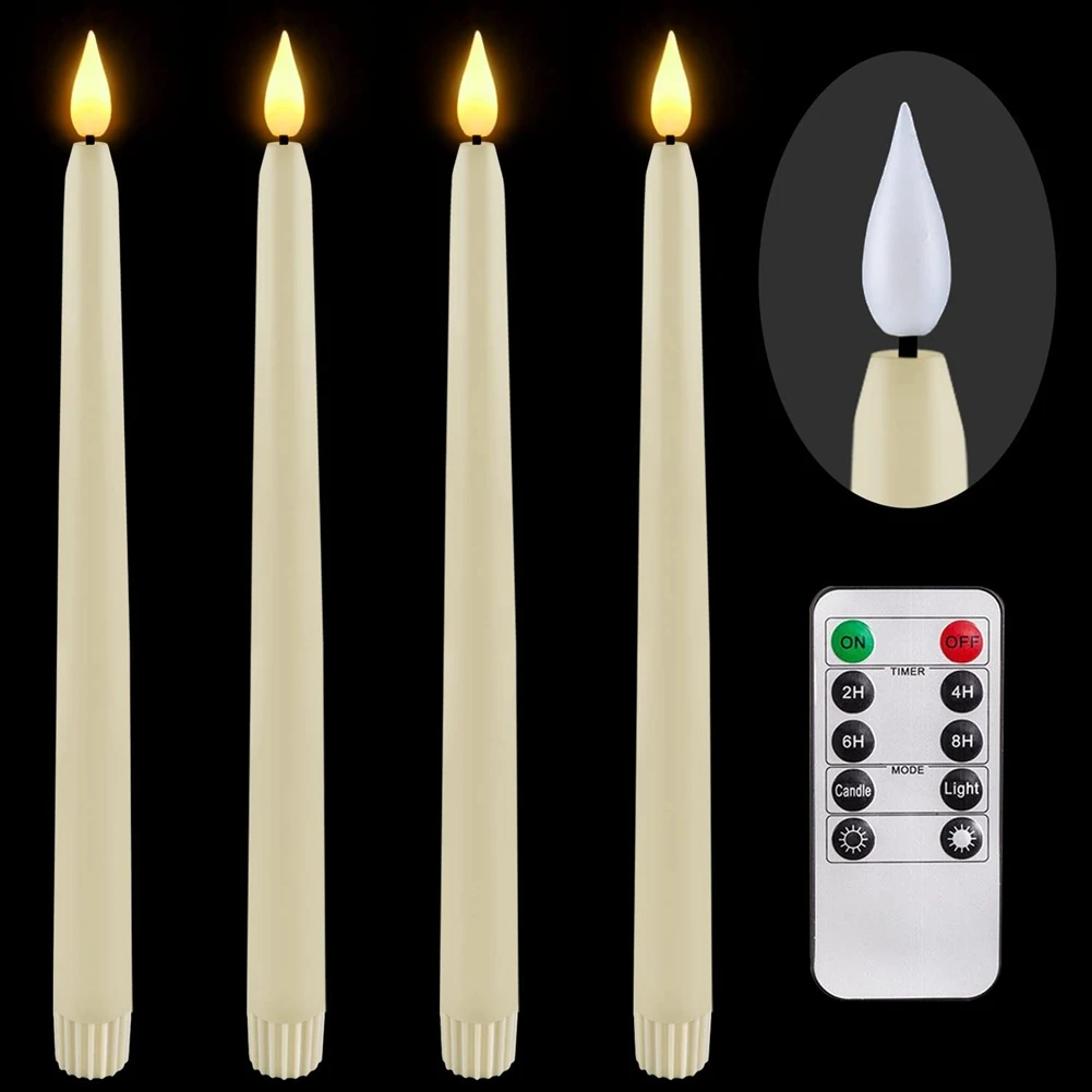 

4Pcs Remote Flameless Candlesticks,Timer Battery Operated LED Taper Candle for Halloween,Wedding Decoration Creamy-White