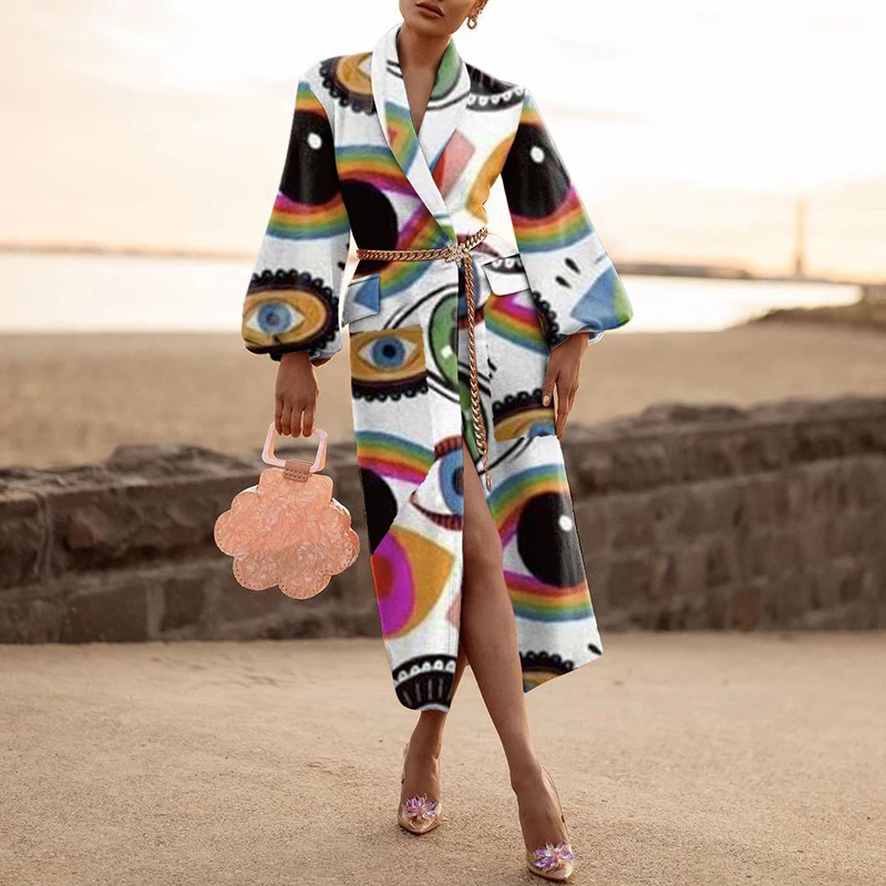 

Женское шерстяное пальто на пуговицах, Элегантная куртка с длинным рукавом, отложным воротником и принтом, верхняя одежда для осени и зимы