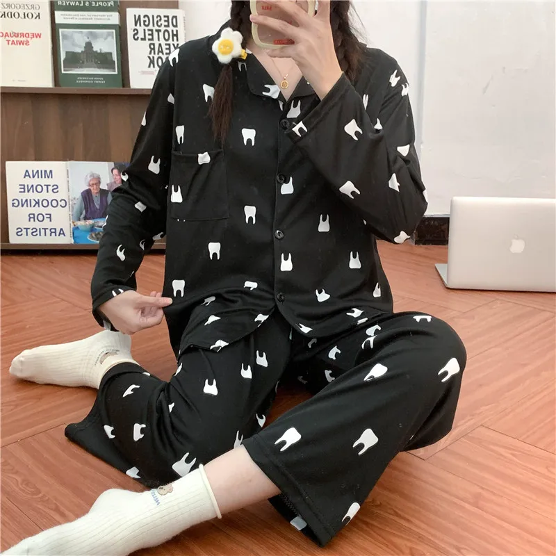 CAIYIER New 2022 Autumn Winter Women Pajamas Set Korean Grid Girls Nightwear Long Sleeve Pants Sleepwear Soft Kawaii Home Suit