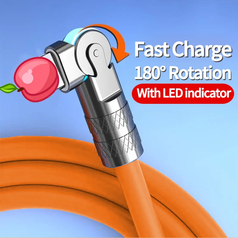

180 Degree Rotate Fast Charging USB Cable for iPhone 14 13 12 11 Pro Max XS XR X 6s 7 8 Plus Soft Silicone Phone Data Cord Wire