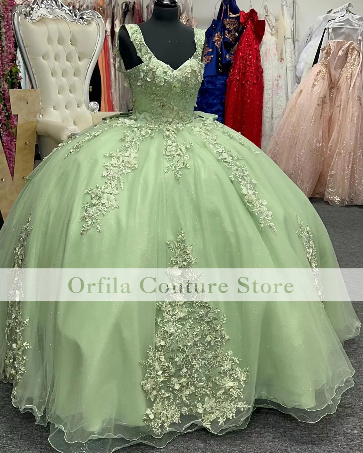 Фото Элегантные зеленые платья Quinceanera с цветочной аппликацией и вырезом в форме сердца Sweet 16 XV, платья de 15 años, индивидуальный размер №1