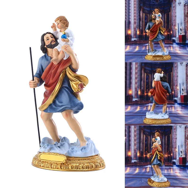 

Catholic Figurine Resin Colorful Saint Figure Carrying Child Jesus Art Statue for Home Christian Church Decoration Meditation