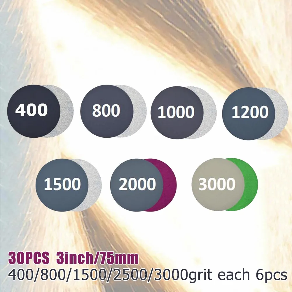 

30 шт., набор влажной и сухой наждачной бумаги, шлифовальный диск с зернистостью 400-3000, водостойкая наждачная бумага с крючком и петлей, шлифовальная подушечка для дерева