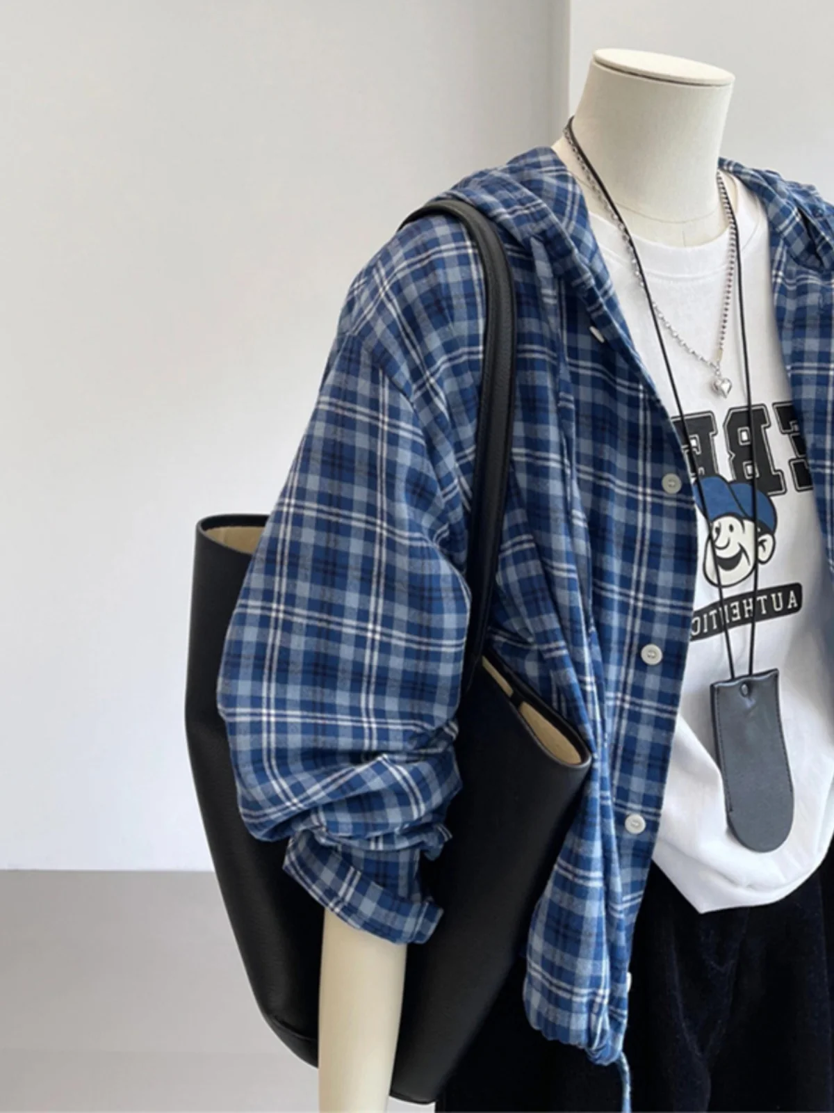 KK · Studio Selected Recommend ~ Blue Plaid Shirts Hoodie Women Early Autumn Drawstring Waist Hugging Top