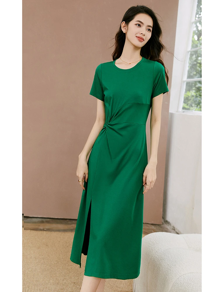 Evening White 2024 Summer New Fashion Age-Reducing T-shirt Skirt Slim fit Solid round Neck Split Long dress Dress